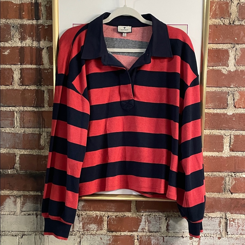 Tuckernuck Striped Rugby Pullover in Coral & Navy
